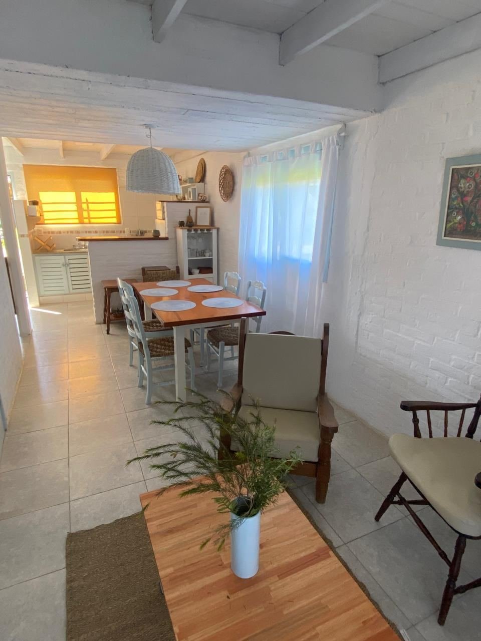Living y comedor con mesa de madera, plantas y luz natural