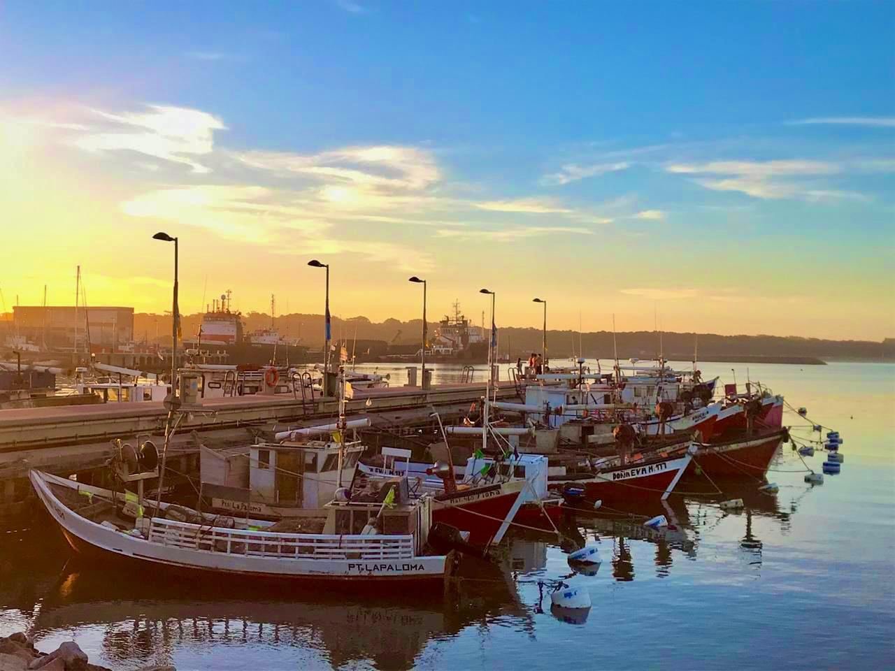 Barcas de pesca amarradas en el puerto de La Paloma con luz de atardecer